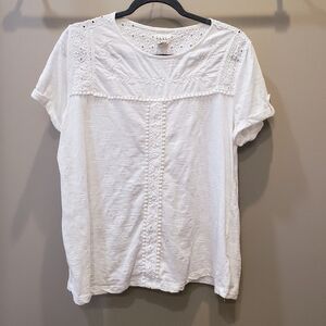 Nicole Miller Eyelet White Top Embroidered Flowers Cotton Short Sleeve Sz Large